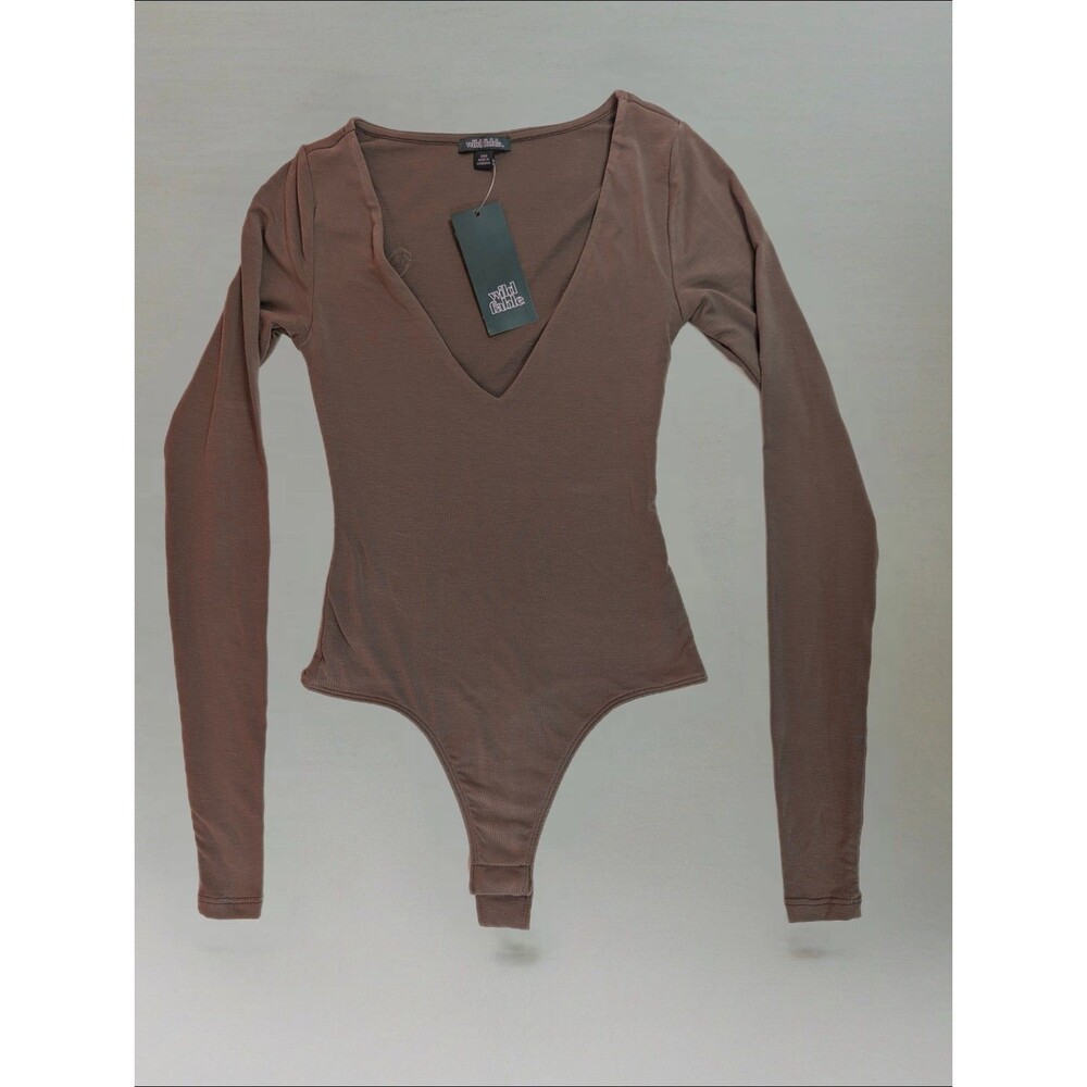 Women's Wild Fable Long Sleeve Deep V-Neck Bodysuit Espresso Brown XXS